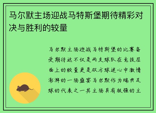 马尔默主场迎战马特斯堡期待精彩对决与胜利的较量